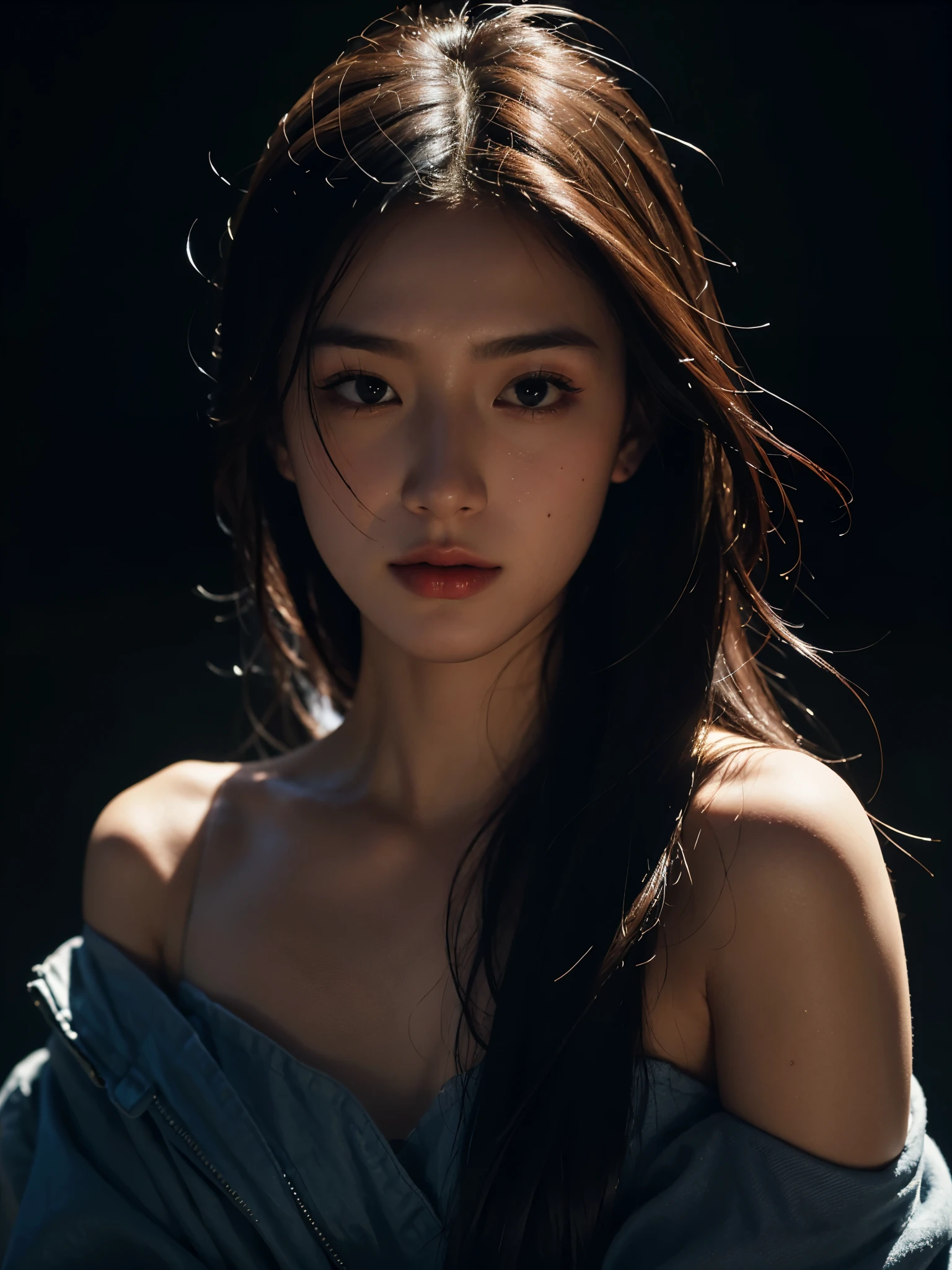 best qualtiy,tmasterpiece,ultra high resolution,(Realism:1.4),RAW photogr,1girll,cropped shoulders,in the darkness nigth,deep shading,low tune,cold light,head portrait,He had sashimi on him, Half-prayer words were written on his body