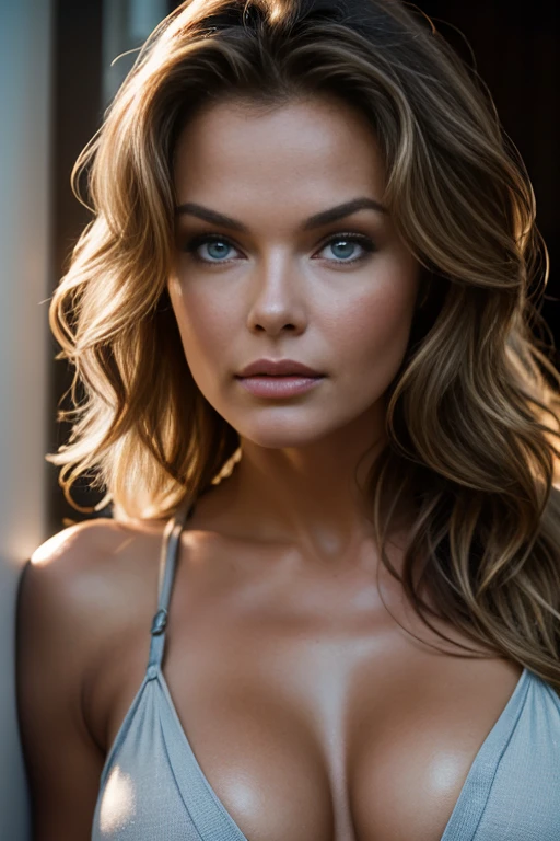 ace actress Dina Meyer 20 years old, detailed face, detailed blue eyes, detailed lips, dark blonde wavy hair, big tits, muscle body, nude,vivid color, photorealistic, high quality, 8k, intricate detail, full body