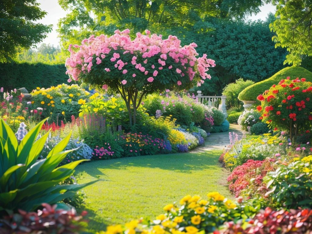a beautiful garden filled with colorful flowers, photorealistic, high detailed, 8k, (best quality,4k,8k,highres,masterpiece:1.2),ultra-detailed,(realistic,photorealistic,photo-realistic:1.37), vibrant colors, natural lighting, lush foliage, detailed petals, shallow depth of field, intricate textures, serene atmosphere, warm tones