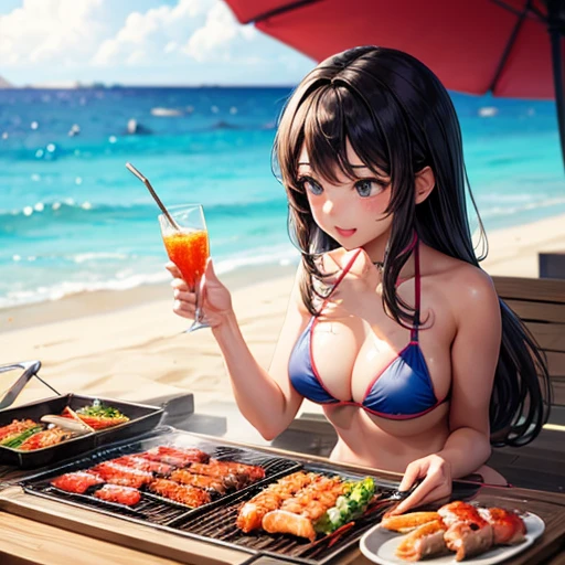 Girls in micro bikinis having seafood barbecue