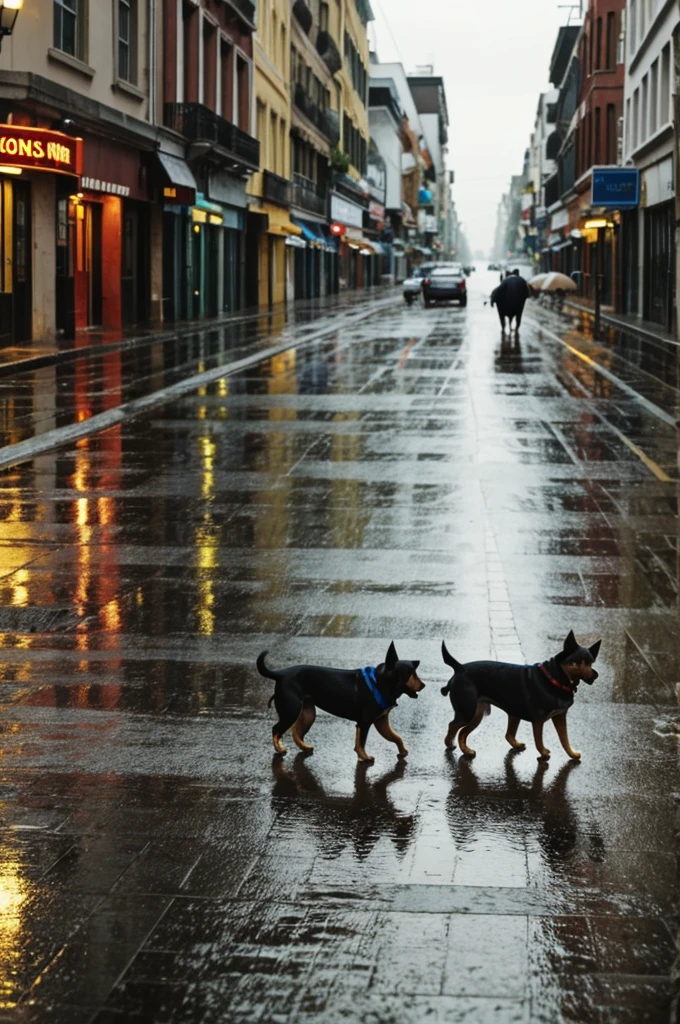 Two dogs on the street while it rains