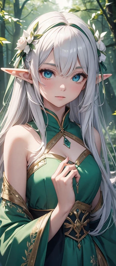 Elf Very beautiful dress Light Silver Hair Girl high and cold expression Green Forest magic masterpiece超高清牛仔镜头 明亮的画面,HolyElf,Around 20 years old,Floating in the air,Top quality,Top image quality,masterpiece,Exquisite facial details,Holy,front Photo