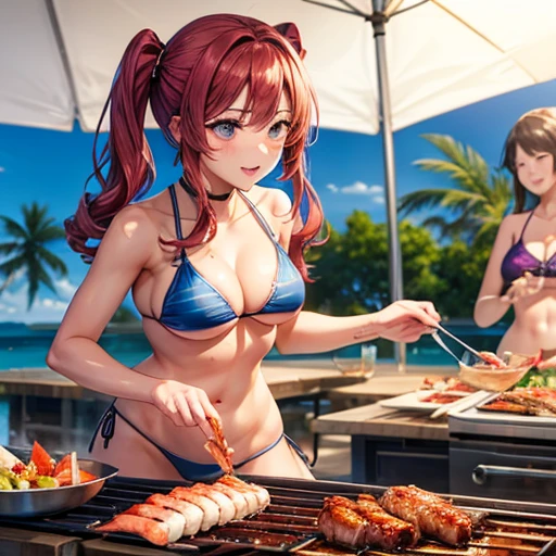 Girls in micro bikinis having seafood barbecue