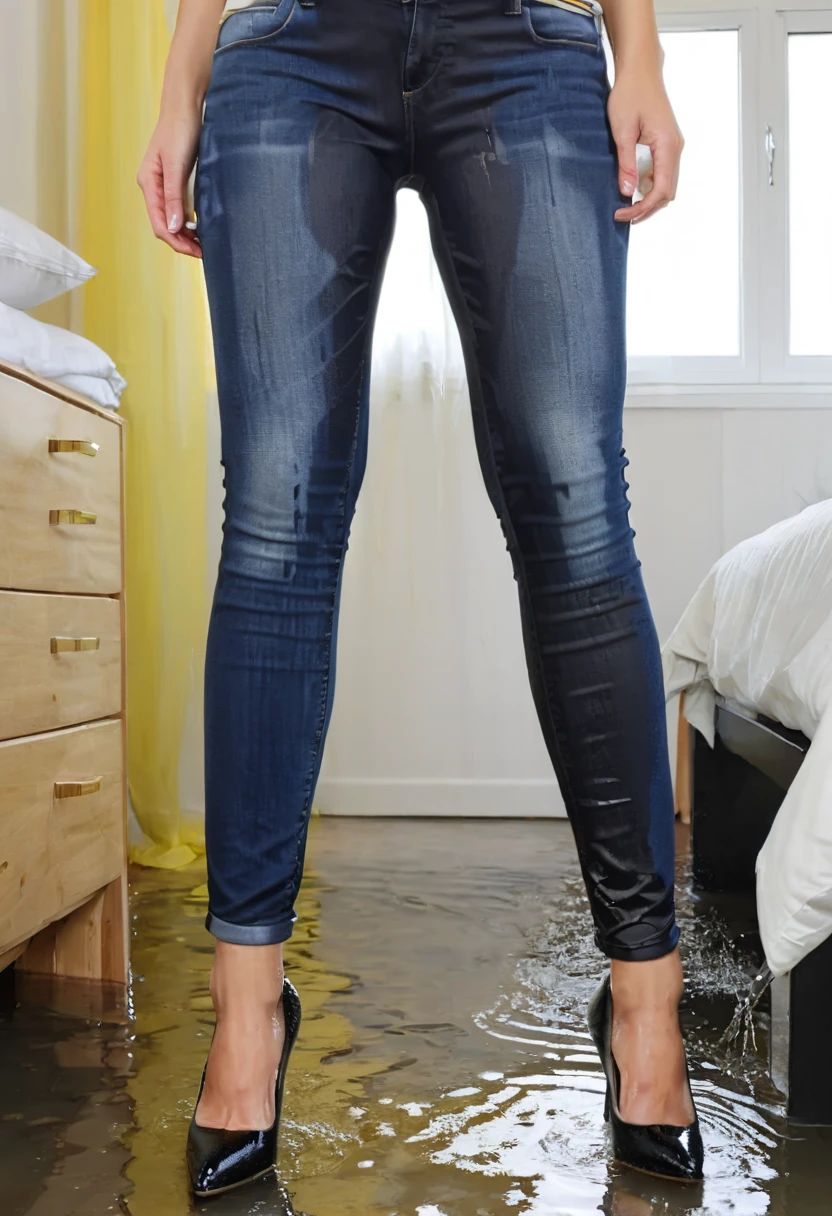 two attractive blonde woman, skinny jeans,  high heel pumps, work blouse, standing in a bedroom, wetting, big smile, pee stains are gleaming wet, pee run down legs, shoes flooded with pee, show heels, (((head in frame:1.4))), lower legs of jeans soaking wet, a stream of pee flows between their legs, ((full-length body shot))