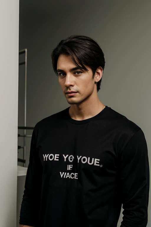 Handsome man wearing a black shirt with the text A_rice