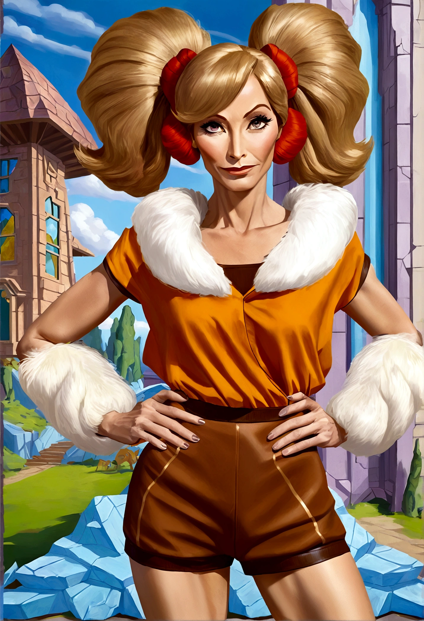 Wilma Flintstone (gates McFadden, age 30, twintails, bone in hair, fur 2 piece outfit, casual pose hands on hip, slightly annoyed) in a Bedrock house with animal appliances