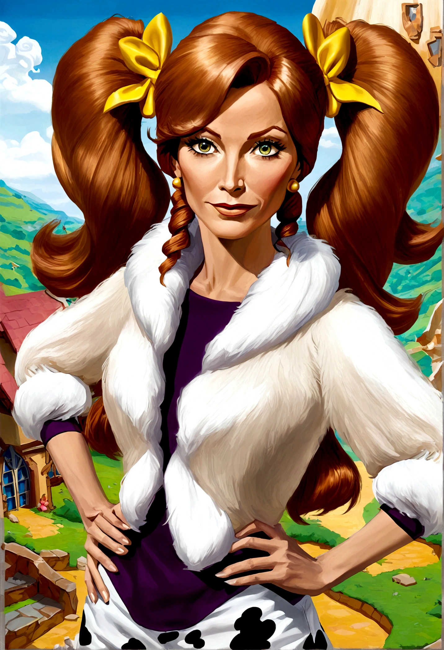 Wilma Flintstone (gates McFadden, age 30, twintails, bone in hair, fur 2 piece outfit, casual pose hands on hip, slightly annoyed) in a Bedrock house with animal appliances