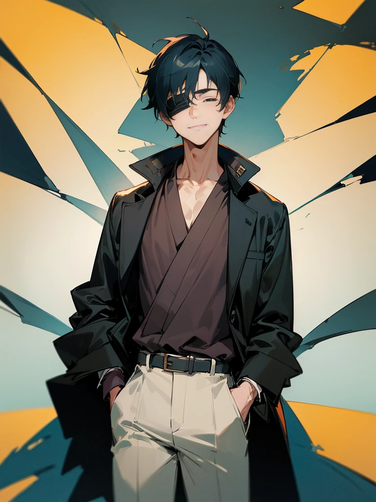 (masterpiece, best quality:1.2), cowboy shot, solo, male focus, 1boy, gojo satoru, smile, hands in pockets, blindfold, black jacket