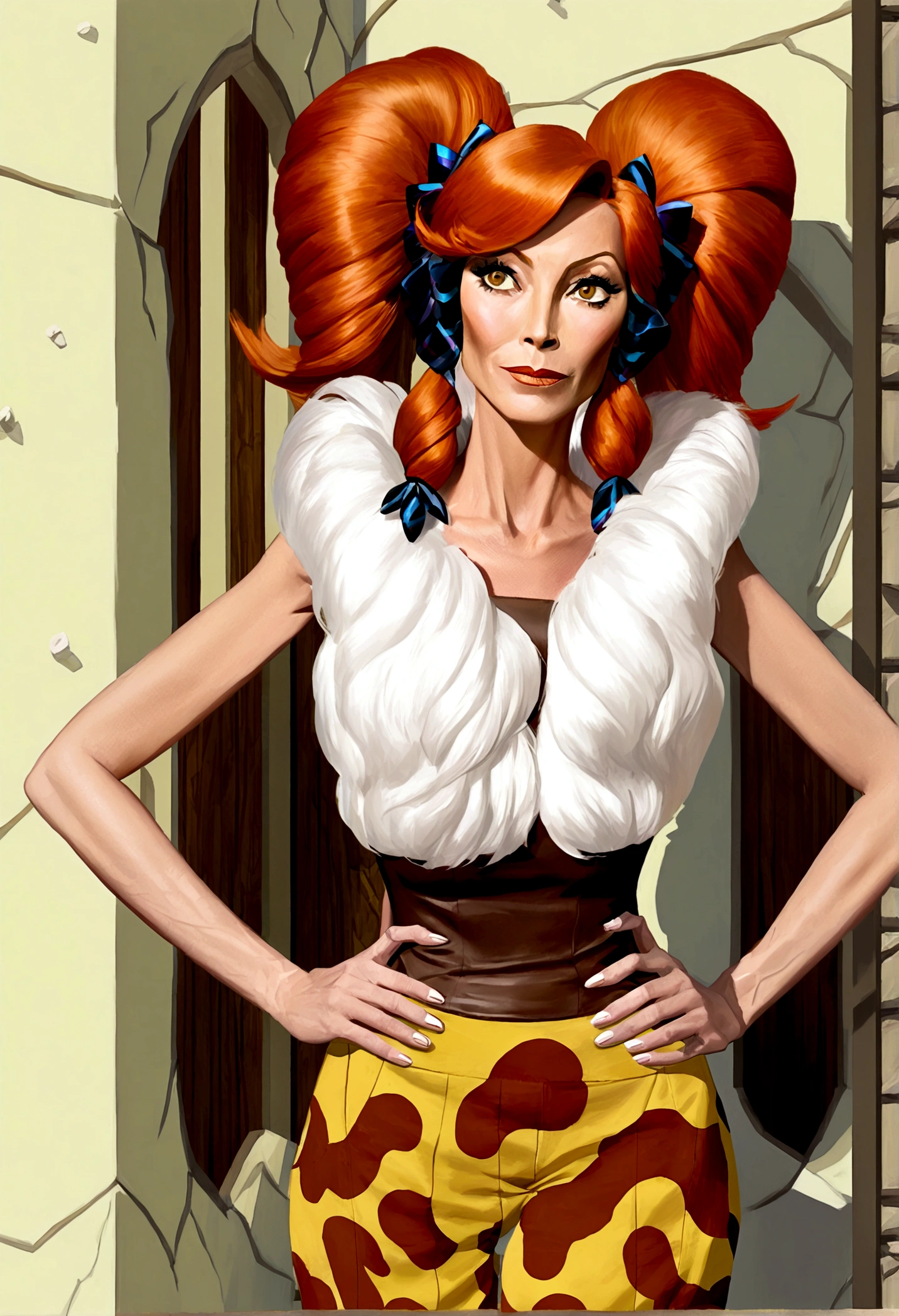 Wilma Flintstone (gates McFadden, age 30, twintails, bone in hair, fur 2 piece outfit, casual pose hands on hip, slightly annoyed) in a Bedrock house with animal appliances