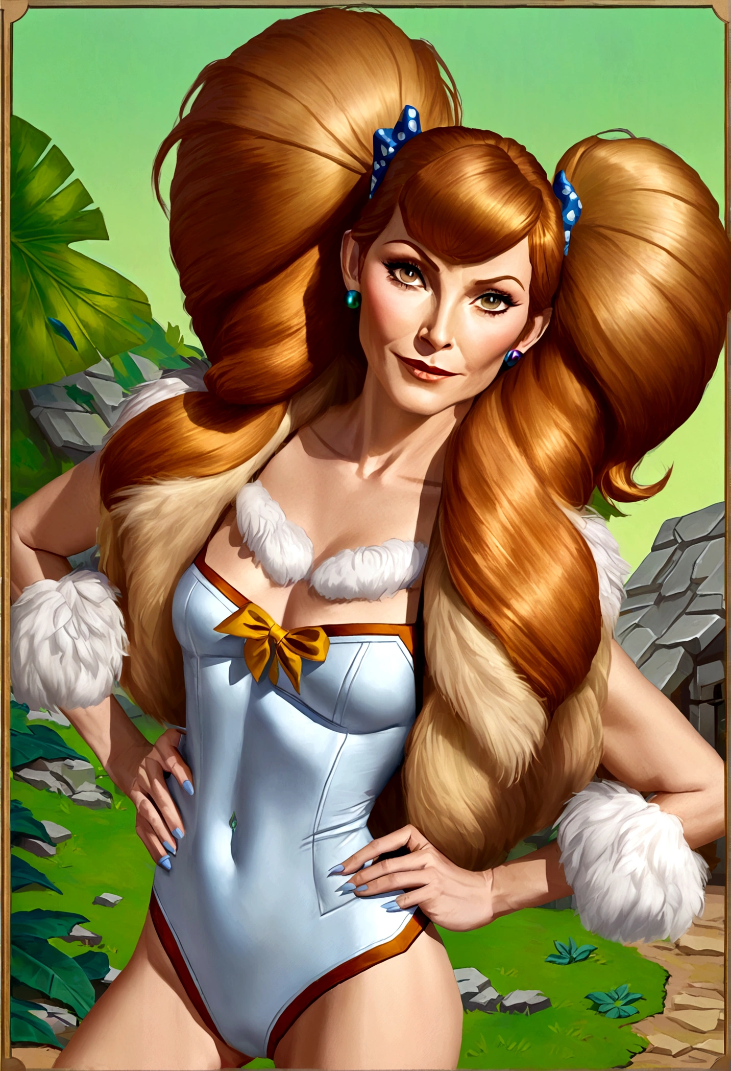 Wilma Flintstone (gates McFadden, age 30, twintails, bone in hair, fur 2 piece outfit, casual pose hands on hip, slightly annoyed) in a Bedrock house with animal appliances