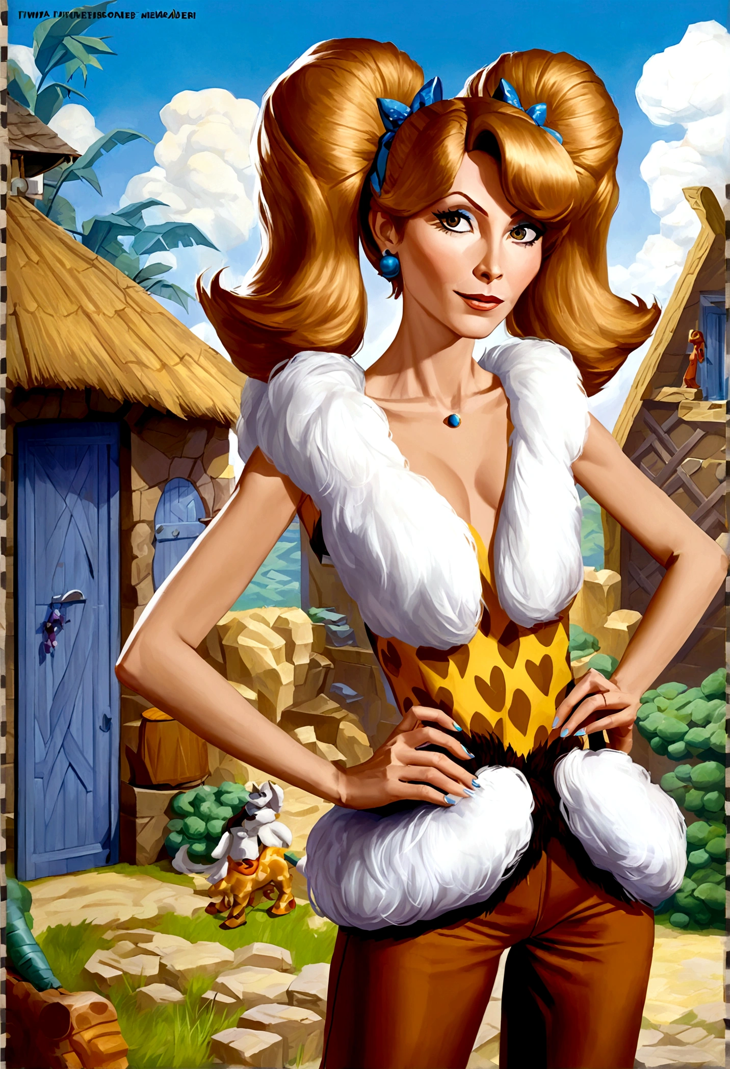 Wilma Flintstone (gates McFadden, age 30, twintails, bone in hair, fur 2 piece outfit, casual pose hands on hip, slightly annoyed) in a Bedrock house with animal appliances