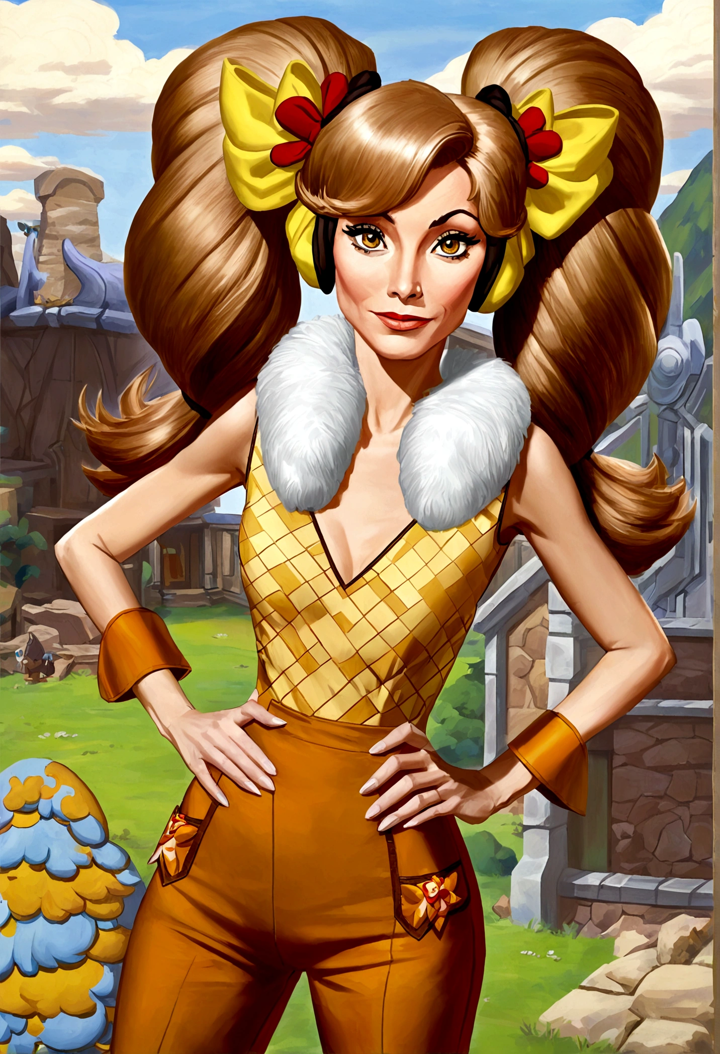 Wilma Flintstone (gates McFadden, age 30, twintails, bone in hair, fur 2 piece outfit, casual pose hands on hip, slightly annoyed) in a Bedrock house with animal appliances