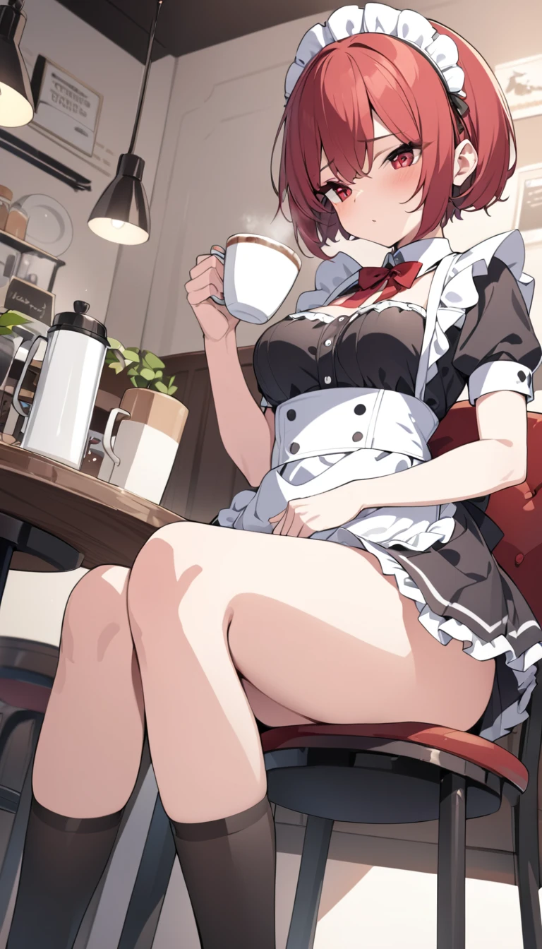 (masterpiece:1.2),Best quality,Perfect Anatomy,Very detailed,1 Girl,Solitary, high resolution,Red eyes,Black short hair,Maid costume,Black shark tail,sitting in café,Holding a cup of coffee,High and cold,Black one-piece socks