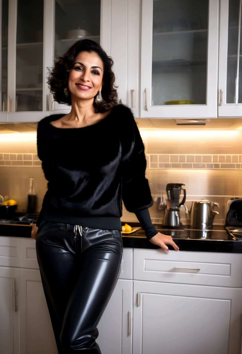 40-year-old arabic woman Black fur sweater Latex pants Kitchen Bending Smirk