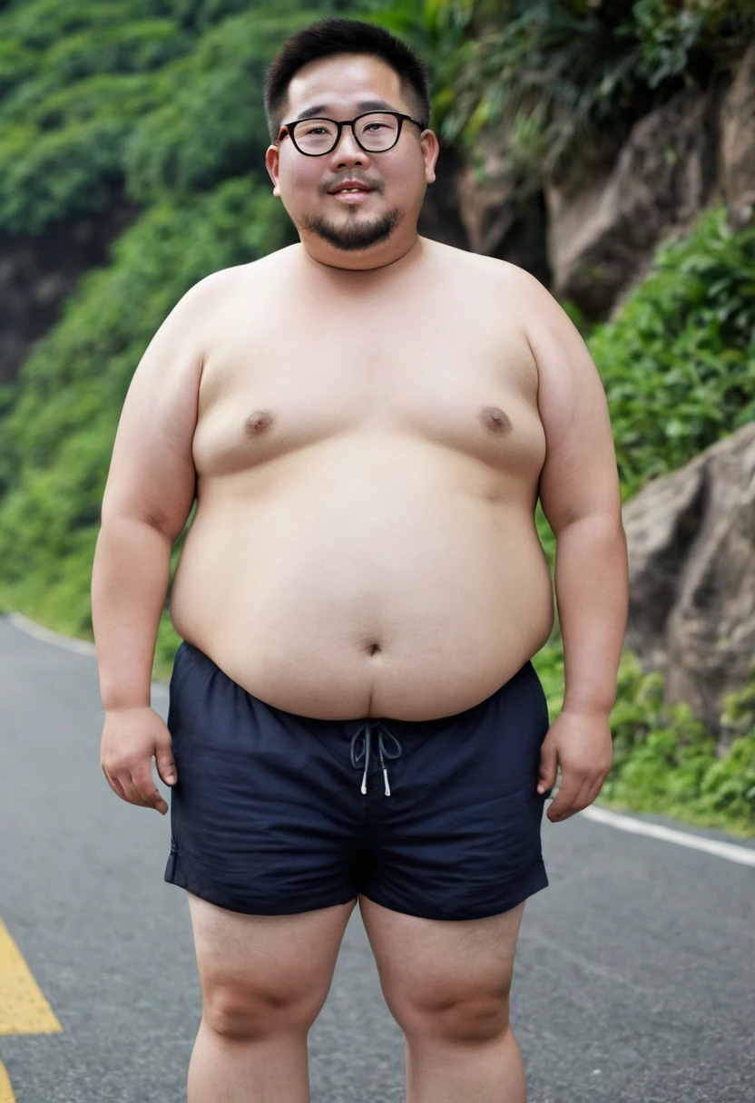 A cute fat man, with charming big eyes, short hair, big round face, round face, short double chin, beard, very hairy chest, black round-rimmed glasses, very developed chest, fat belly, bare upper body, standing on Rainbow Island, black shorts, bare feet, super clear picture quality, China oriental male, full body photo.