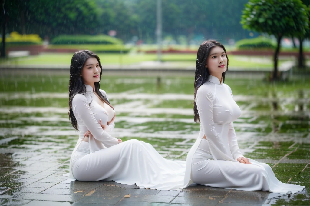big breasts, round breasts, wearing bra inside ao dai, slim figure, beautiful figure, big breasts, long straight hair, ((sharp 8k quality photo)), ((details of beautiful, sharp face, face balanced) cho)), ((beautiful breasts, exposed cleavage, plump body), (( beautiful sparkling eyes, sharp eye details, beautiful face, balanced eyes)), (( sitting in the rain full body, wet ao dai revealing chest in the rain)), ((super beautiful body with high details, tight body with bust and slim waist)), ((round breasts, exposed chest, tight topless chest, nude, naked, no shirt)), ((it was raining heavily, there was no sunshine))