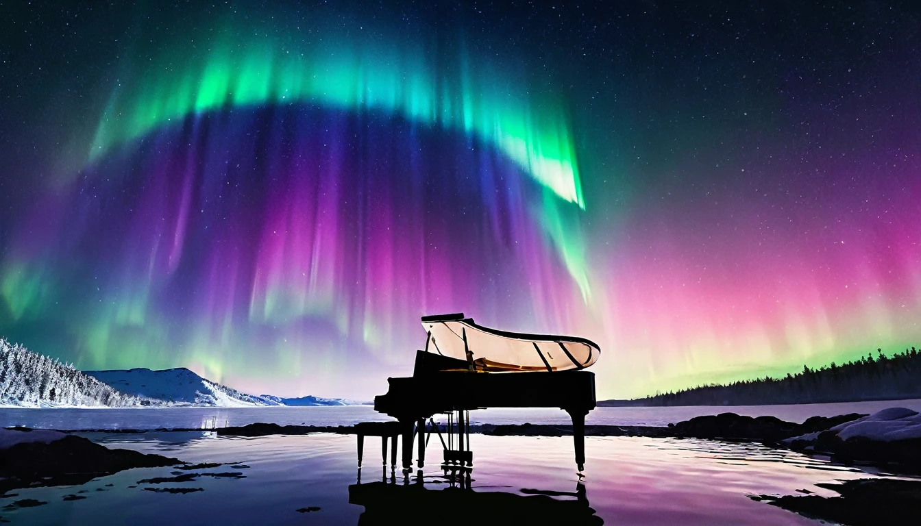 Mysterious and enchanting scenery with one piano placed on the surface of the water under the aurora-filled sky of rainbow. ((A beautiful woman is standing in front of the piano.)) The water surface reflects the view of the Northern Lights and is surrounded by silence. The piano is lit up and looks even more divine.
