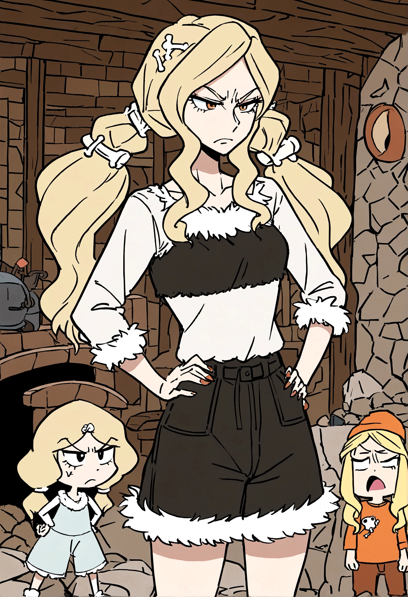 Wilma Flintstone (gates McFadden, age 30, twintails, bone in hair, fur 2 piece outfit, casual pose hands on hip, slightly annoyed) in a Bedrock house with animal appliances
