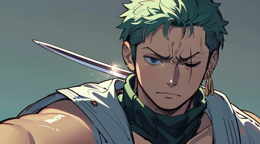 One_piece_anime, Ronoroa_Zoro, men, closeup, Wano_Style, beautification, ((vertical_scar_over_right_eye)), constura_no_peito, standing_in_a_field, dark_sky, (beat_up:1.2), katanas_crossed, (bloody:1.4), exhausted, bare_chested, (in_pain:1.2), (((obra_prima))), (((melhor_qualidade))), (((Extremamente_detalhado, sombras_escuras_intensas, foco_nítido, iluminação_suave, Santōryū, three_sword_style, green_hair, symmetrical_body, portrait, dramatic_lighting, high_contrast, artstation, character_concept_art, Unreal_engine, hyper_detailed,