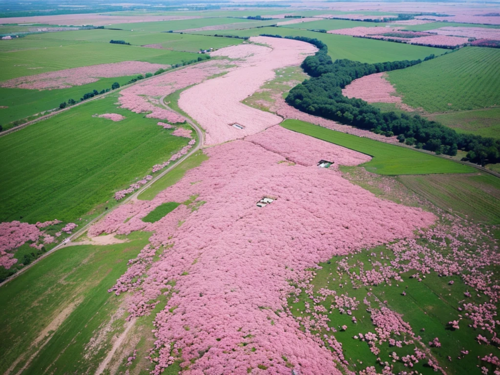 Aerial view,The ground is covered with pink flowers,Endless flowers,Beautiful colors,Real material,Ultra-detailed scenes,4K,real picture