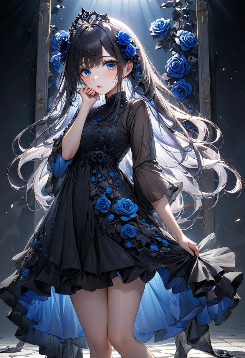 Full Body View, Elevation, Beautiful attention to detail, Beautiful lip detail, Highly detailed eyes and face, Long eyelashes, beautiful and cute young girl, Princess of the Underworld, dark表情, Depressed face, look up, Put your hand over your mouth, White and black gradient hair, Through the bangs, Flowing Hair, Light blue decorated with black roses??の薄いベール, Light blue decorated with black roses、Very beautiful black dress, dark地下世界の背景, (Highest quality,16K,High resolution,masterpiece:1.2),Super detailed,(Ultra-realistic,Photorealistic:1.37),High resolution,超High resolution,Studio Lighting,Ultra-fine painting,Sharp focus,Physically Based Rendering,Very detailed explanation,Professional,Vibrant colors,Japanese anime style,Dramatic lighting,Chiaroscuro,mysterious,melancholy,dark,Surreal,Fantasy