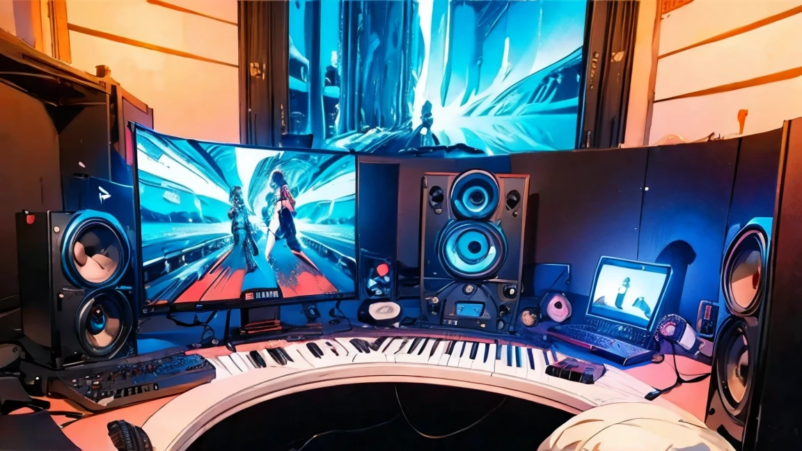 high resolution,High definition,high quality,Girl playing games,gaming computer,Erogeo Art Style, Arte Roffie, zero vibrations, Hip Hop Lofi,aesthetic, Lo-fi art, Lo-fi illustration style, zero, Portrait of Roffey, vibe zero, zero, Chill Hop, Anime Aesthetics,japanese style,large window,girl wearing headphones,sunset