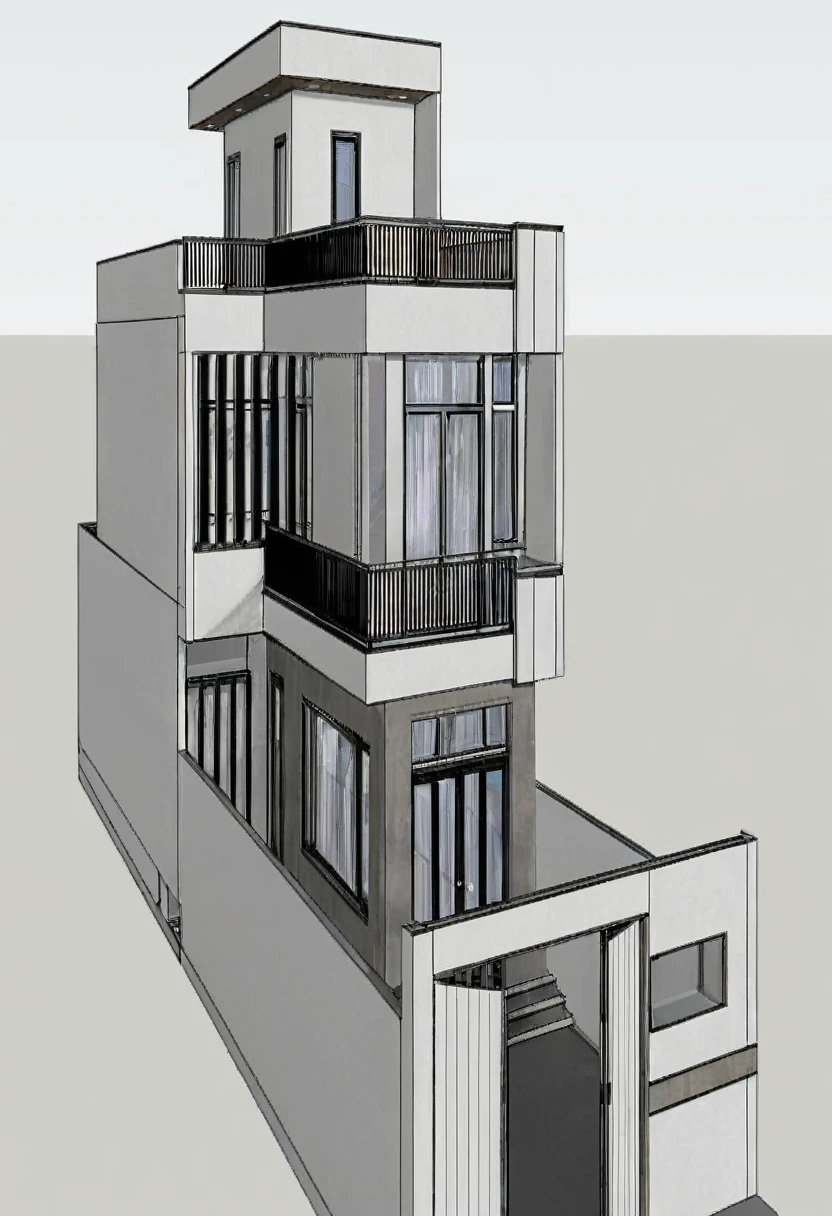 a rendering of a two story building with a balcony and balconies, front elevation view, residential design, detailed rendering, wide establishing shot, 3d rendering, 3 d rendering, digital rendering, frontview, front-view, conceptual rendering, elevation view, concept image, a digital rendering, architectural rendering, sketch - up, close establishing shot, front perspective, Masterpiece, high quality, best quality, authentic, super detail, outdoors, onestoreyvillaXL, aiaigroup, house style modern on the street ,stairs, white wall ,road,pavement, grass, trees, sky, cloud, (daylight:1.1)