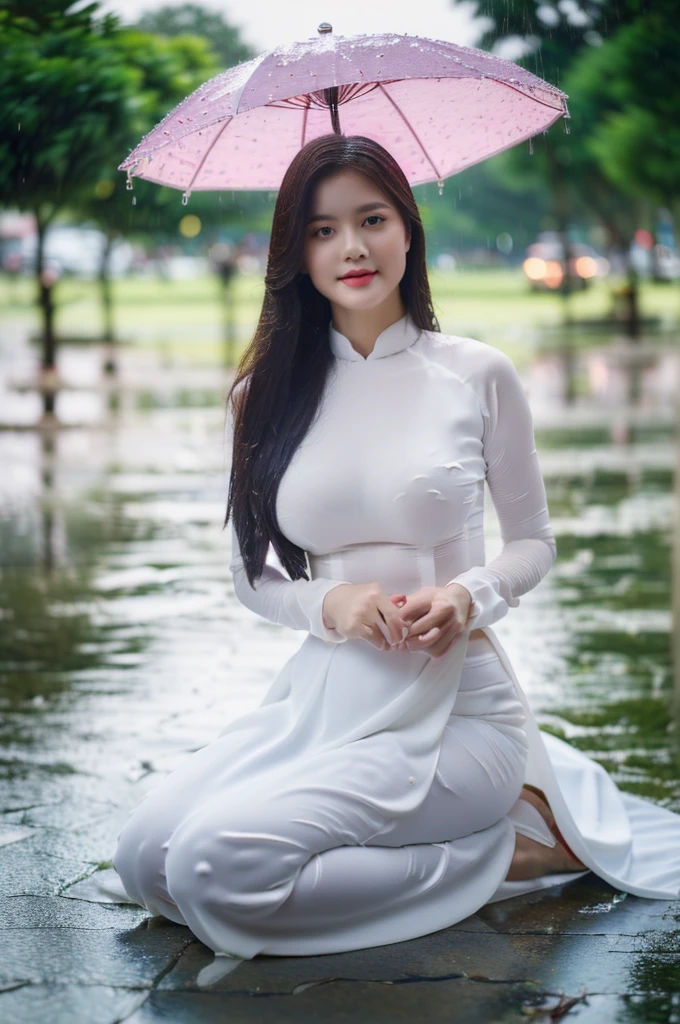 big breasts, round breasts, wearing bra inside ao dai, slim figure, beautiful figure, big breasts, long straight hair, ((sharp 8k quality photo)), ((details of beautiful, sharp face, face balanced) cho)), ((beautiful breasts, exposed cleavage, plump body), (( beautiful sparkling eyes, sharp eye details, beautiful face, balanced eyes)), (( sitting in the rain full body, wet ao dai revealing chest in the rain)), ((super beautiful body with high details, tight body with bust and slim waist)), ((round breasts, exposed chest, tight topless chest, nude, naked, no shirt)), ((it was raining heavily, there was no sunshine))
