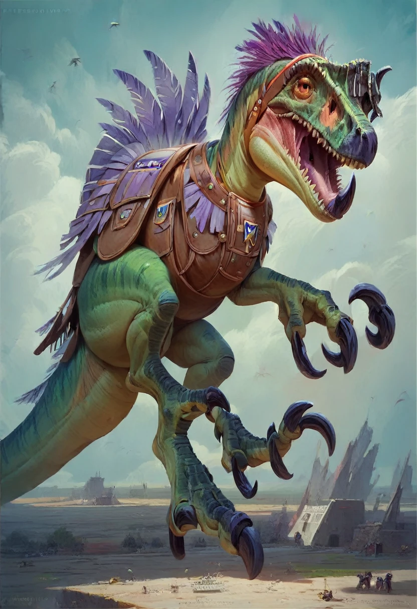 NSFW,(masterpiece),(Highest quality:1.0), (Ultra-high resolution:1.0), Detailed illustrations, 8K, real,masterpiece, Highest quality,Female dinosaur,Green Skin,Purple crest on head,Big Claws,Ranger Equipment,Saddle on back,whole body,Full Art,Carnivorous dragon,pussy juice