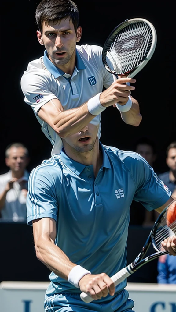 Djokovic doing the tennis serve movement, holding a frying pan instead of a tennis racket.