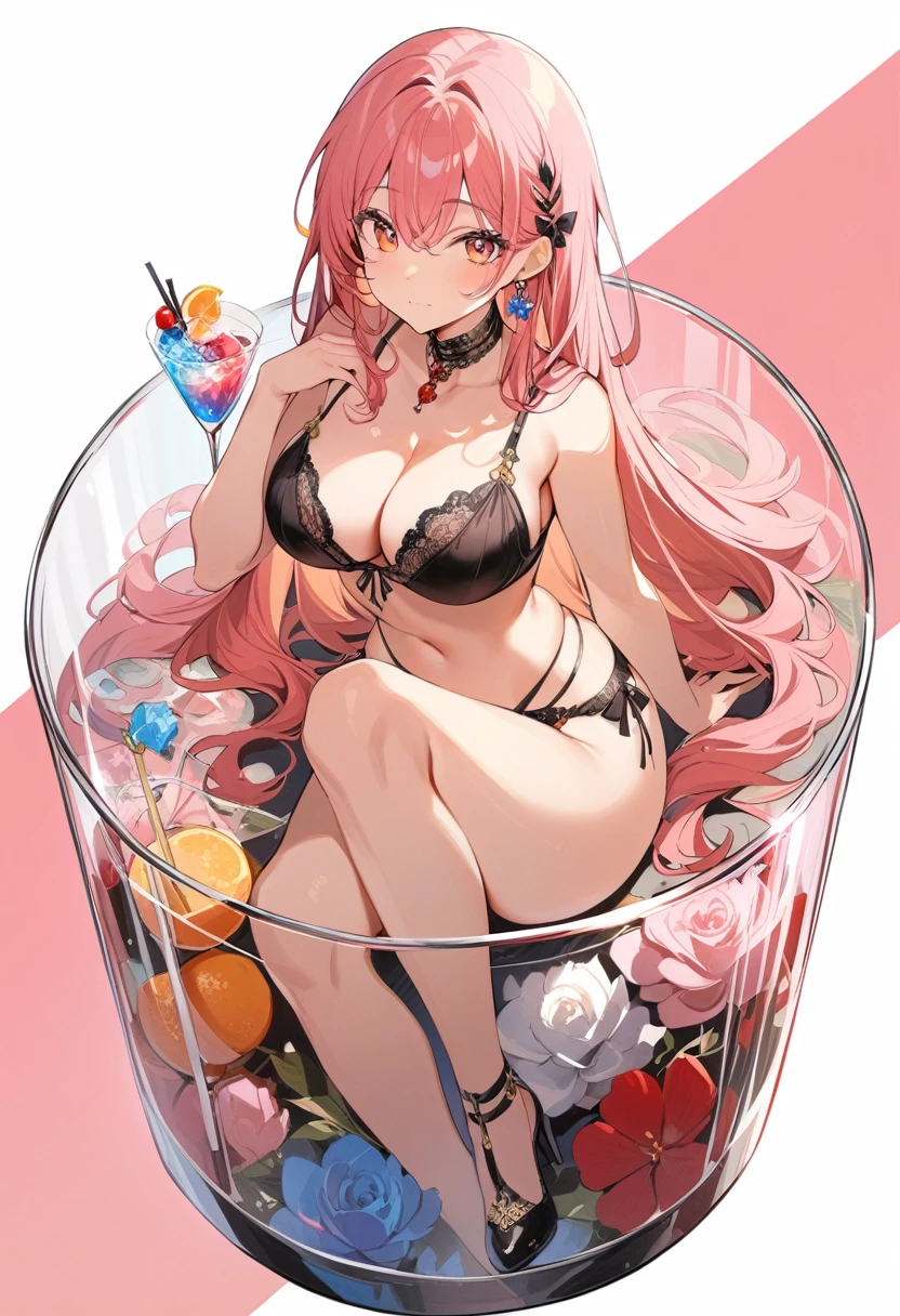 1 girl huge , Sexy Lingerie,red,Bright Eyes,Clear facial features,In a container, Cocktail Glass, whole body,closure_up,masterpiece,high resolution,