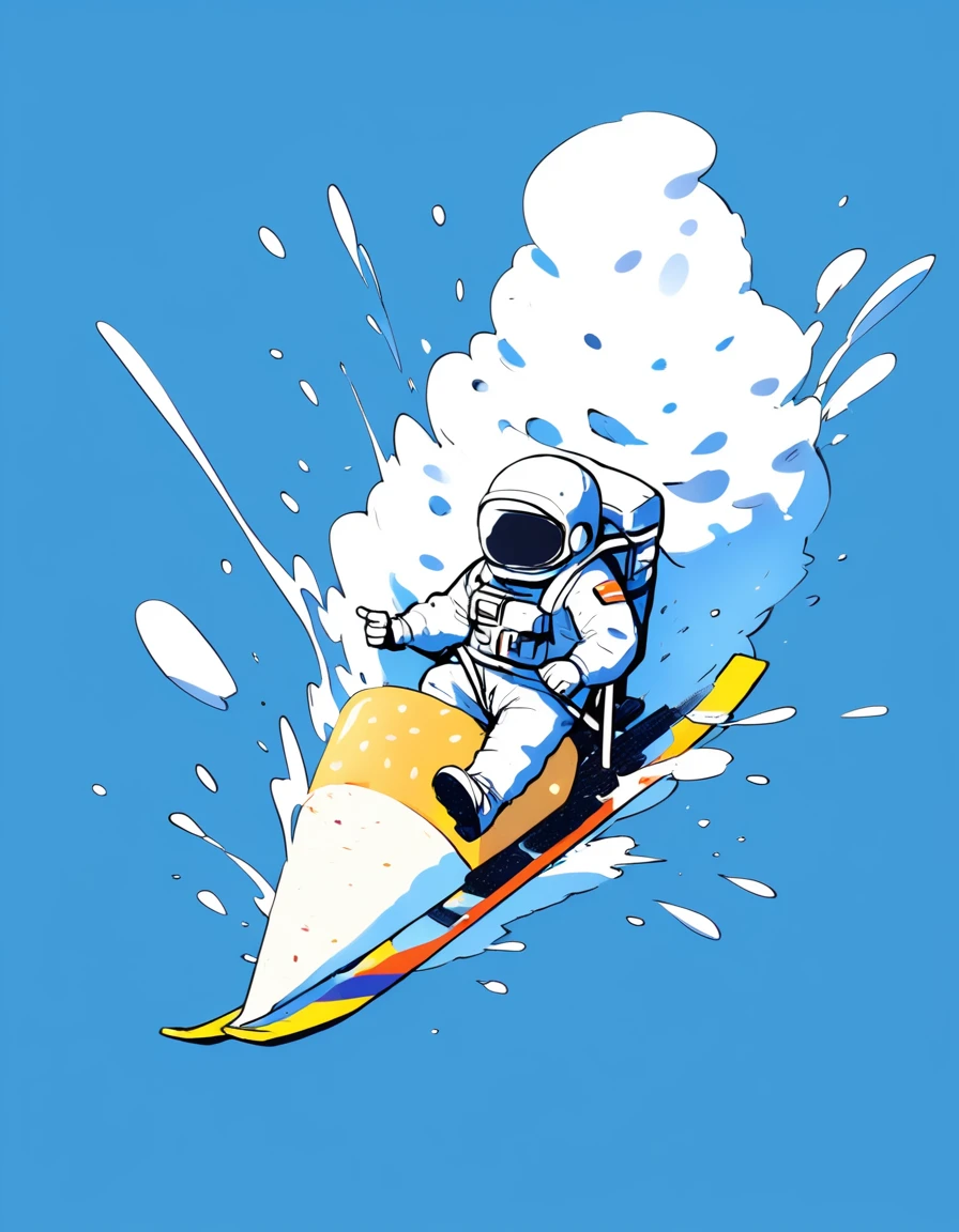 extremely clear 8K wallpaper, extremely delicate and detailed face:1.3, absurdres, masterpiece, pixiv contest winner, by Demizu Posuka, flat design, minimalism, simple, full body, hand drawing illustration of an astronaut is skiing on a big shaved icecream.,