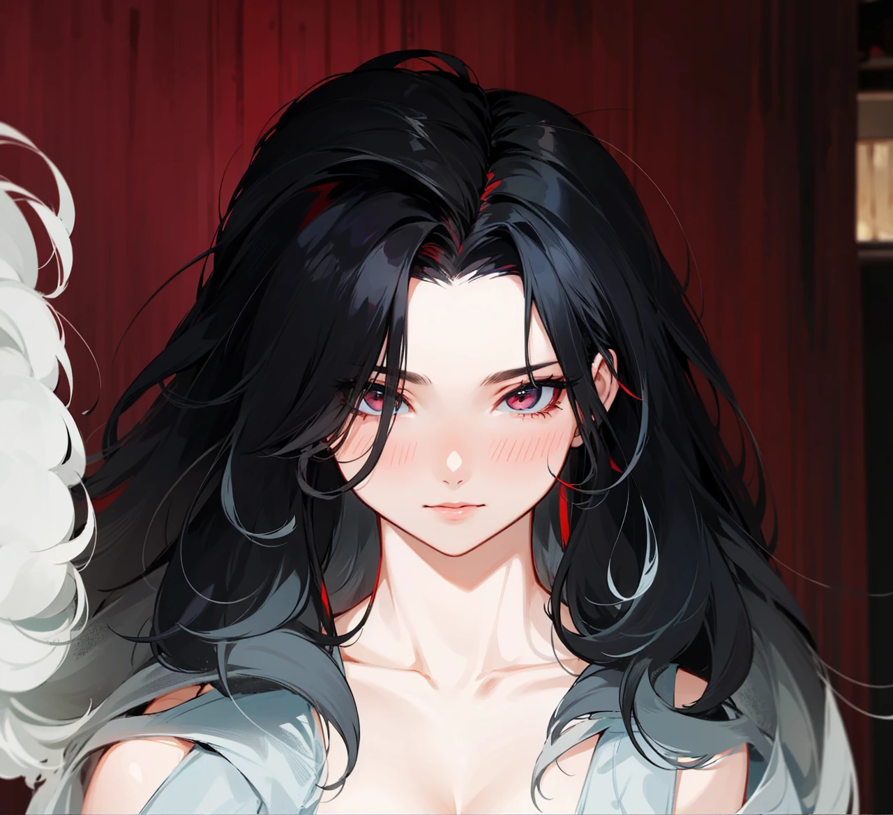 her hair is black and white, it is mix with curly and straight hair, add in some red streaks.