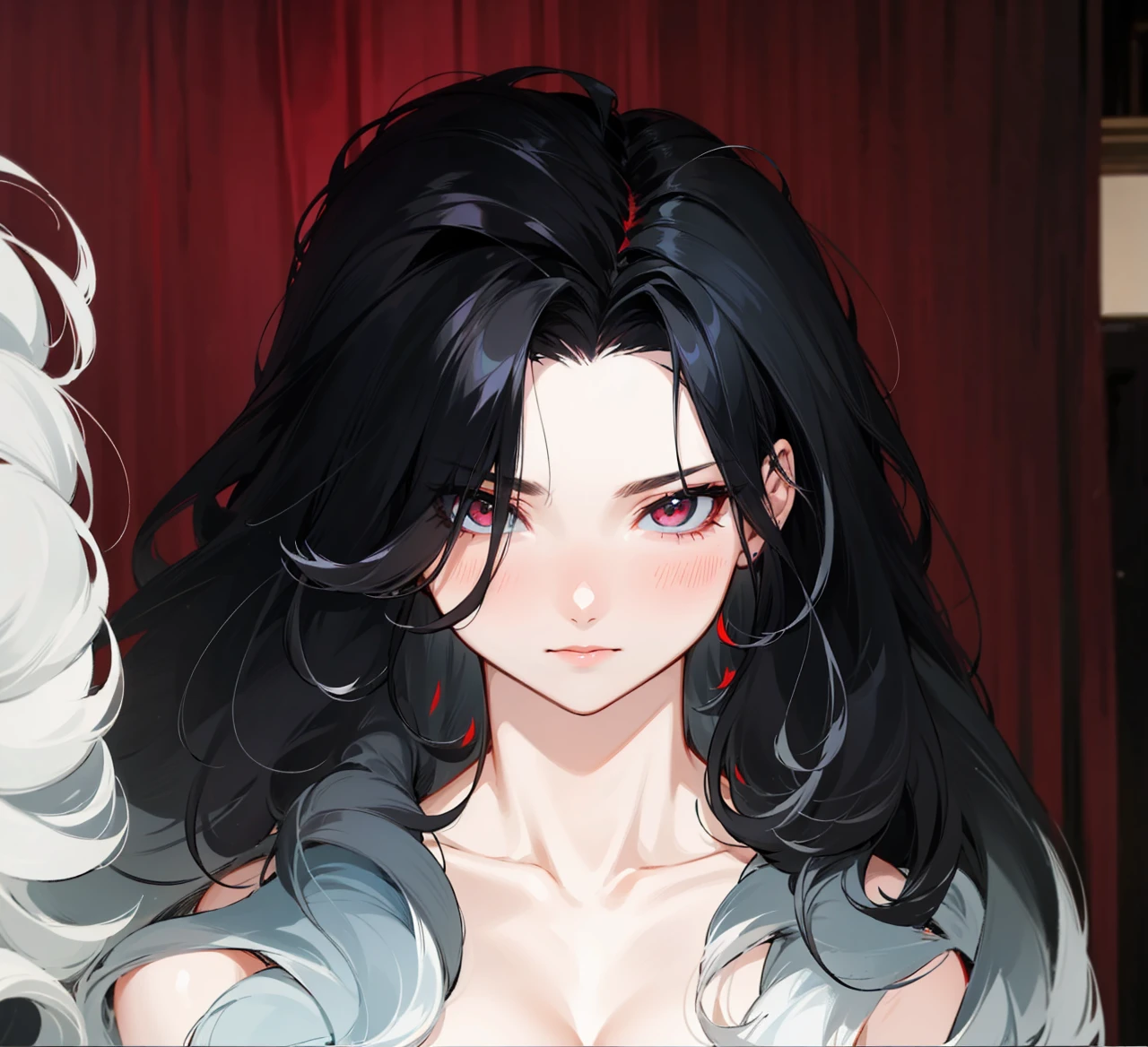 her hair is black and white, it is mix with curly and straight hair, add in some red streaks.