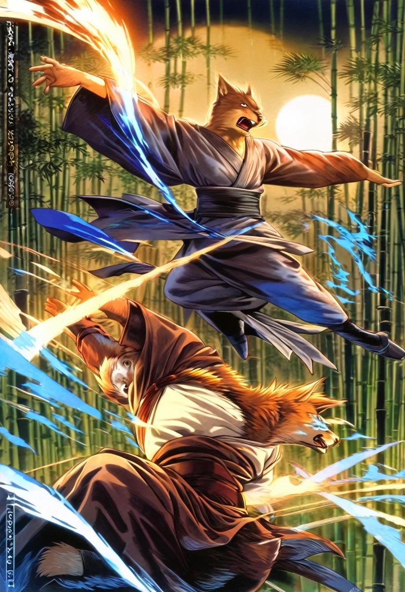 Top quality ultra-fine illustrations, movie posters, Zatoichi, Blind Swordsman, bamboo forest, dark night with beautiful full moon, rays of light through bamboo, backlighting, Tyndall phenomenon, Absurd perfect anatomy, Beastman, furry, pairs, boy with girls on his back, Japan kimono, ninja, sword with blue flames, battle duels, concentration lines, Furry body, animal facial features, animal body features, Highly detailed fur, sturdy look, shouting, combat regime, dynamic pose,
