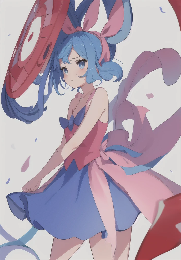 work of art, best qualityer, high resolution, serena (Pokémon), shorth hair, blue colored eyes, 1 girl, standing alone, ribbon blue, eyelash, neck ribbon, sleeveless, bangss, clavicle, bare arms, pink dress , red tailcoat, white fund, 正面, no scenario, gazing at viewer,trunk, visualizador de 正面, solid color fund, clean fund, de 正面 para a câmera, high resolution, calm and expressionless face, White background, looking away, Simpler_fund