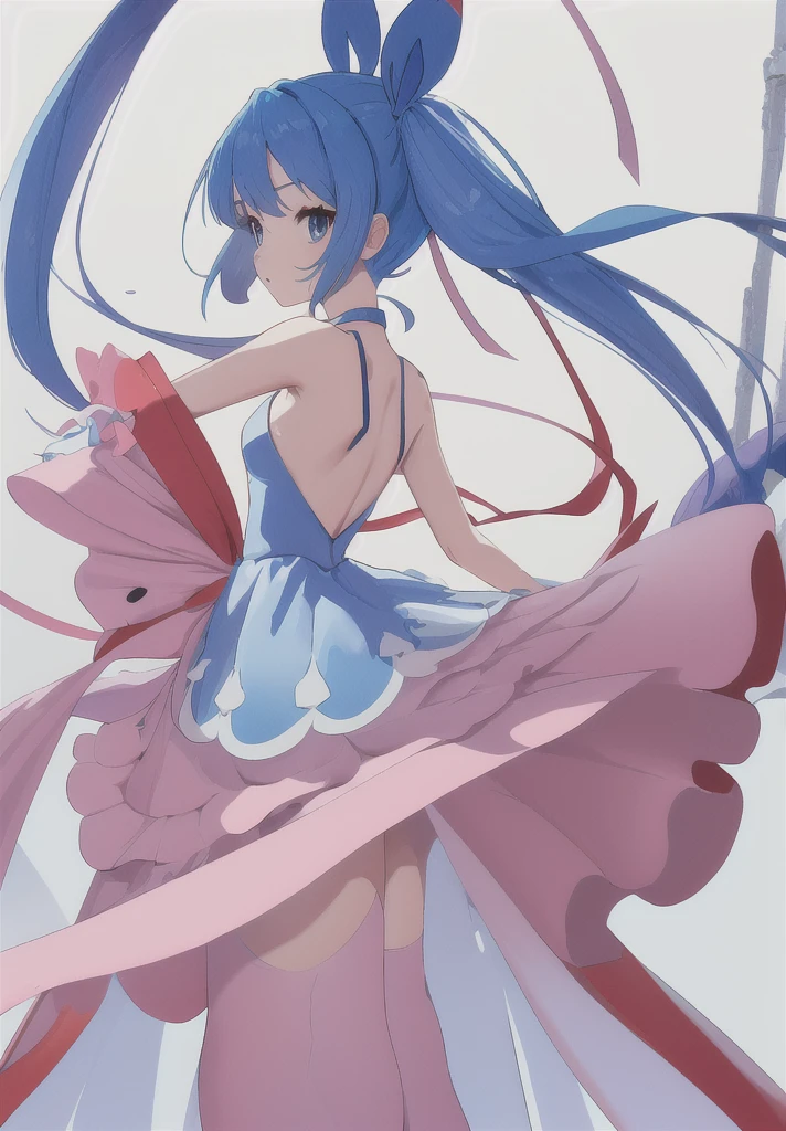 work of art, best qualityer, high resolution, serena (Pokémon), shorth hair, blue colored eyes, 1 girl, standing alone, ribbon blue, eyelash, neck ribbon, sleeveless, bangss, clavicle, bare arms, pink dress , red tailcoat, white fund, 正面, no scenario, gazing at viewer,trunk, visualizador de 正面, solid color fund, clean fund, de 正面 para a câmera, high resolution, calm and expressionless face, White background, looking away, Simpler_fund