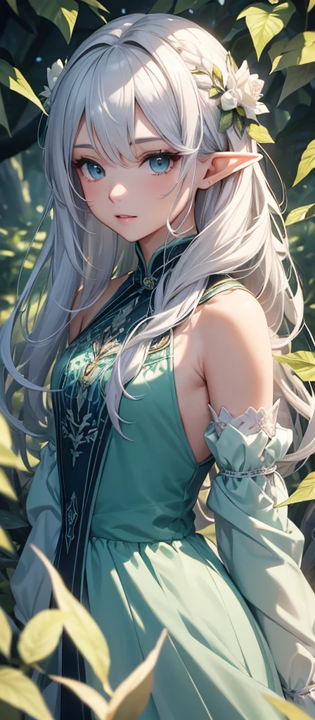 Elf　Very beautiful dress　Light　Silver Hair Girl　high and cold expression　Green Forest　magic　masterpiece超高清牛仔镜头 明亮的画面,神圣的Elf,Around 20 years old,Floating in the air,Top quality,Top image quality,masterpiece,Exquisite facial details,