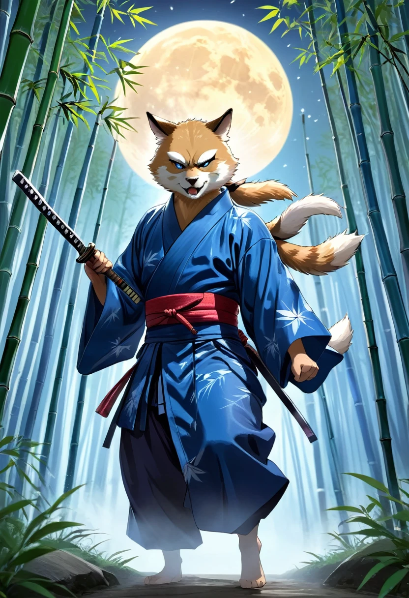 Top quality ultra-fine illustrations, movie posters, Zatoichi, Blind Swordsman, bamboo forest, dark night with beautiful full moon, rays of light through bamboo, backlighting, Tyndall phenomenon, Absurd perfect anatomy, Beastman, furry, pairs, boy with girls on his back, Japan kimono, ninja, sword with blue flames, battle duels, concentration lines, Furry body, animal facial features, animal body features, Highly detailed fur, sturdy look, shouting, combat regime, dynamic pose,