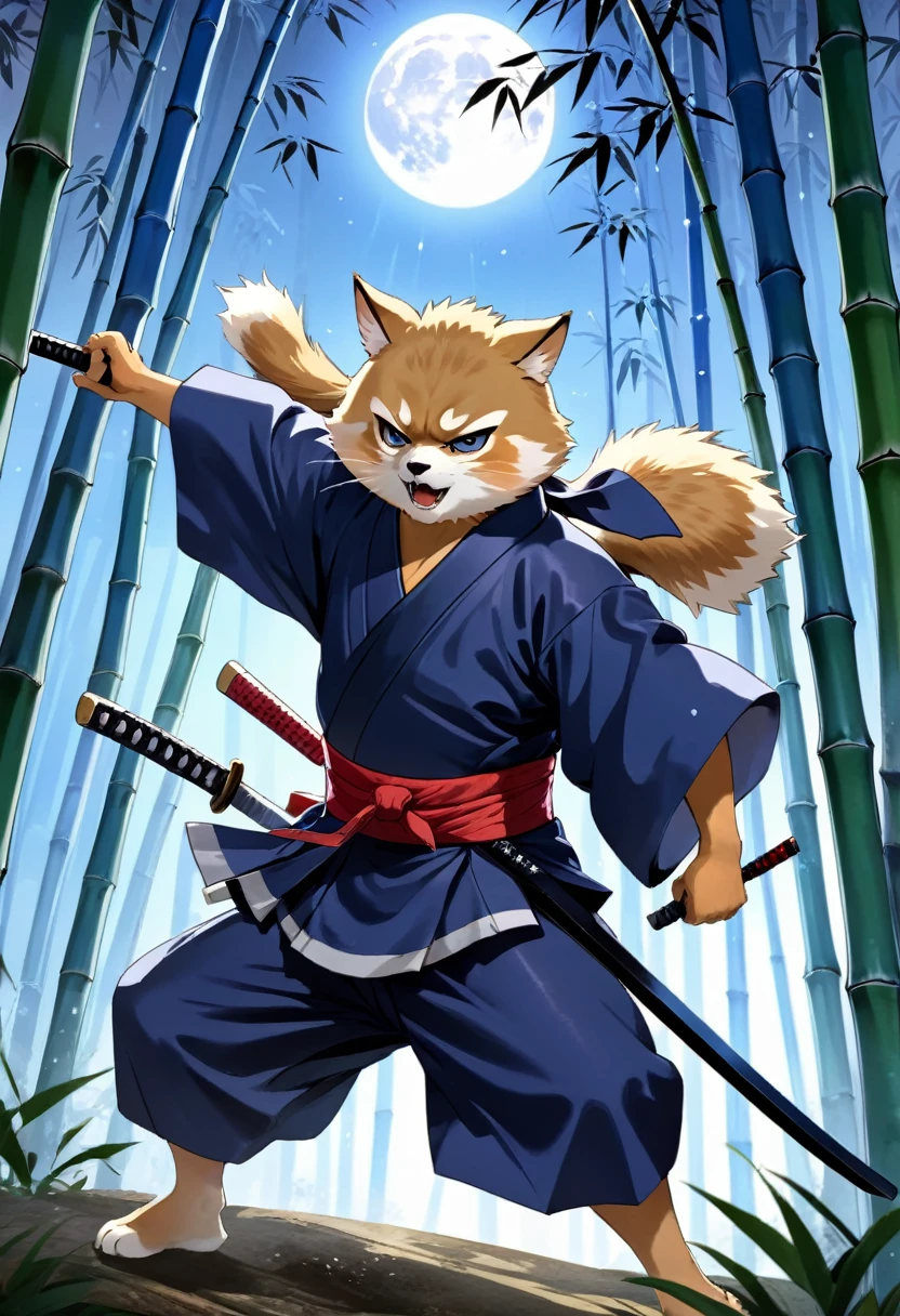 Top quality ultra-fine illustrations, movie posters, Zatoichi, Blind Swordsman, bamboo forest, dark night with beautiful full moon, rays of light through bamboo, backlighting, Tyndall phenomenon, Absurd perfect anatomy, Beastman, furry, pairs, boy with girls on his back, Japan kimono, ninja, sword with blue flames, battle duels, concentration lines, Furry body, animal facial features, animal body features, Highly detailed fur, sturdy look, shouting, combat regime, dynamic pose,