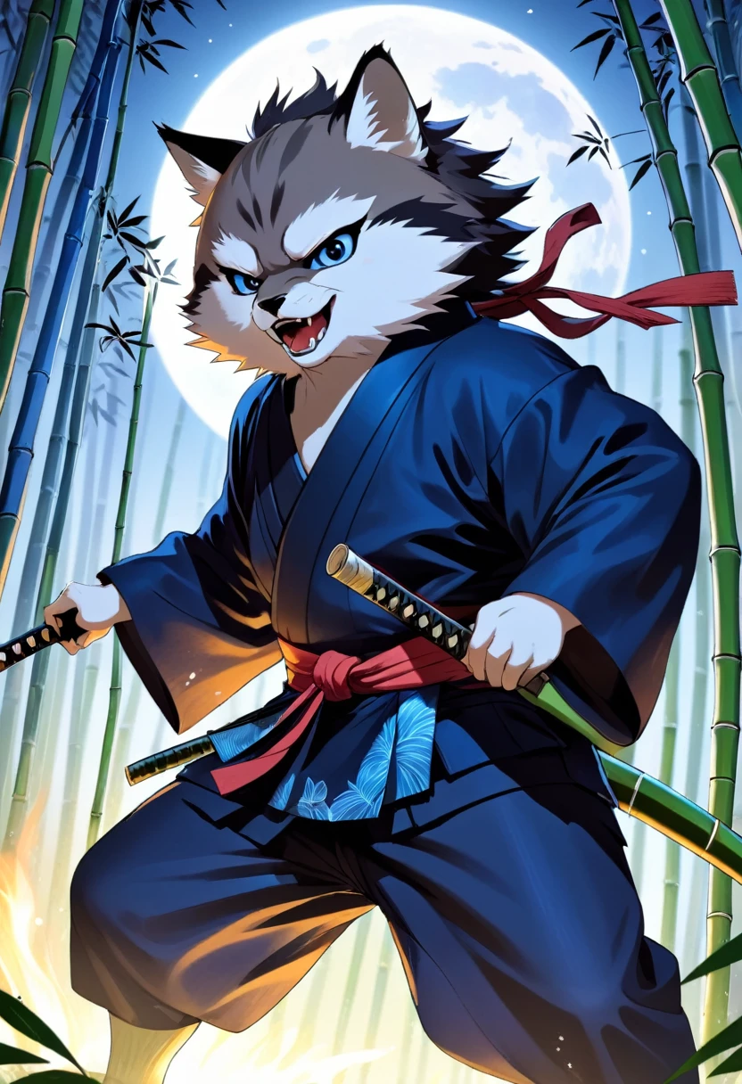 Top quality ultra-fine illustrations, movie posters, Zatoichi, Blind Swordsman, bamboo forest, dark night with beautiful full moon, rays of light through bamboo, backlighting, Tyndall phenomenon, Absurd perfect anatomy, Beastman, furry, pairs, boy with girls on his back, Japan kimono, ninja, sword with blue flames, battle duels, concentration lines, Furry body, animal facial features, animal body features, Highly detailed fur, sturdy look, shouting, combat regime, dynamic pose,