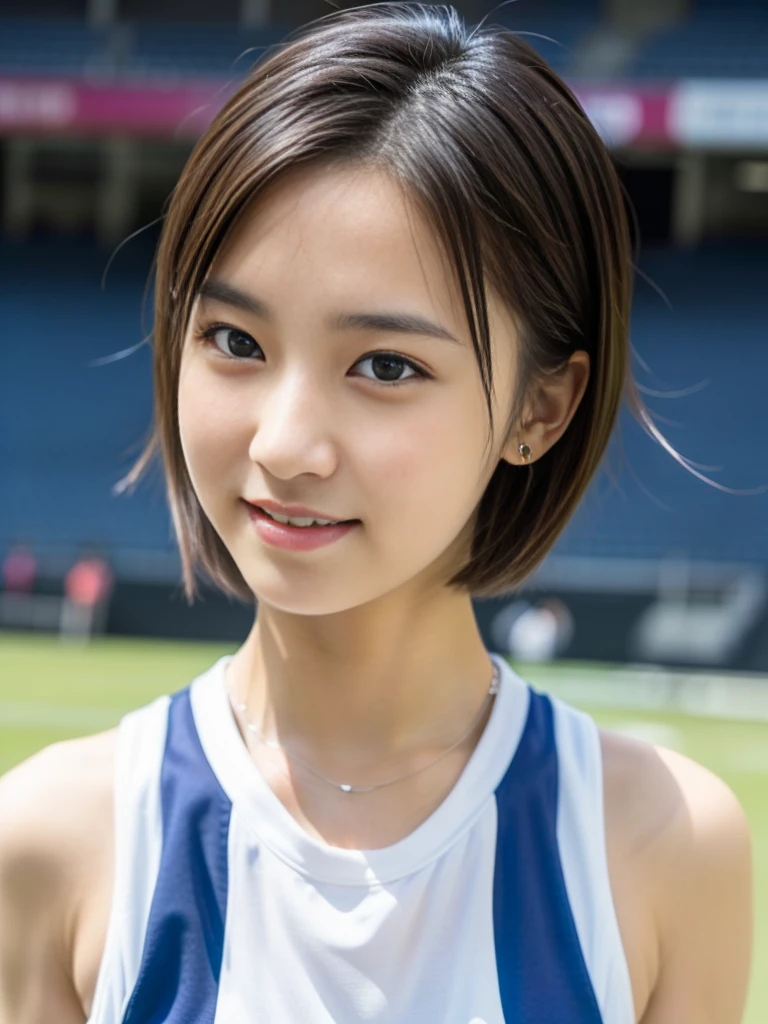 (Best-quality, Masterpiece, Ultra-High-Resolution, (Photorealistic:1.4), Raw Photo, depth of field, professional lighting, perfect anatomy, extremely details), 1girl, 15-years-old, the most famous Japanese idol, standing on athletic-stadium, looking at viewer, innocent smile, ((wearing white track and field sleeveless-uniform)),navy blue high-leg bloomers, ((extremely cute face like the most popular Japanese idol, ((extremely cute big-eyes)), extremely cute short-cut-hair)), (((extremely beautiful and extremely realistic skins)))