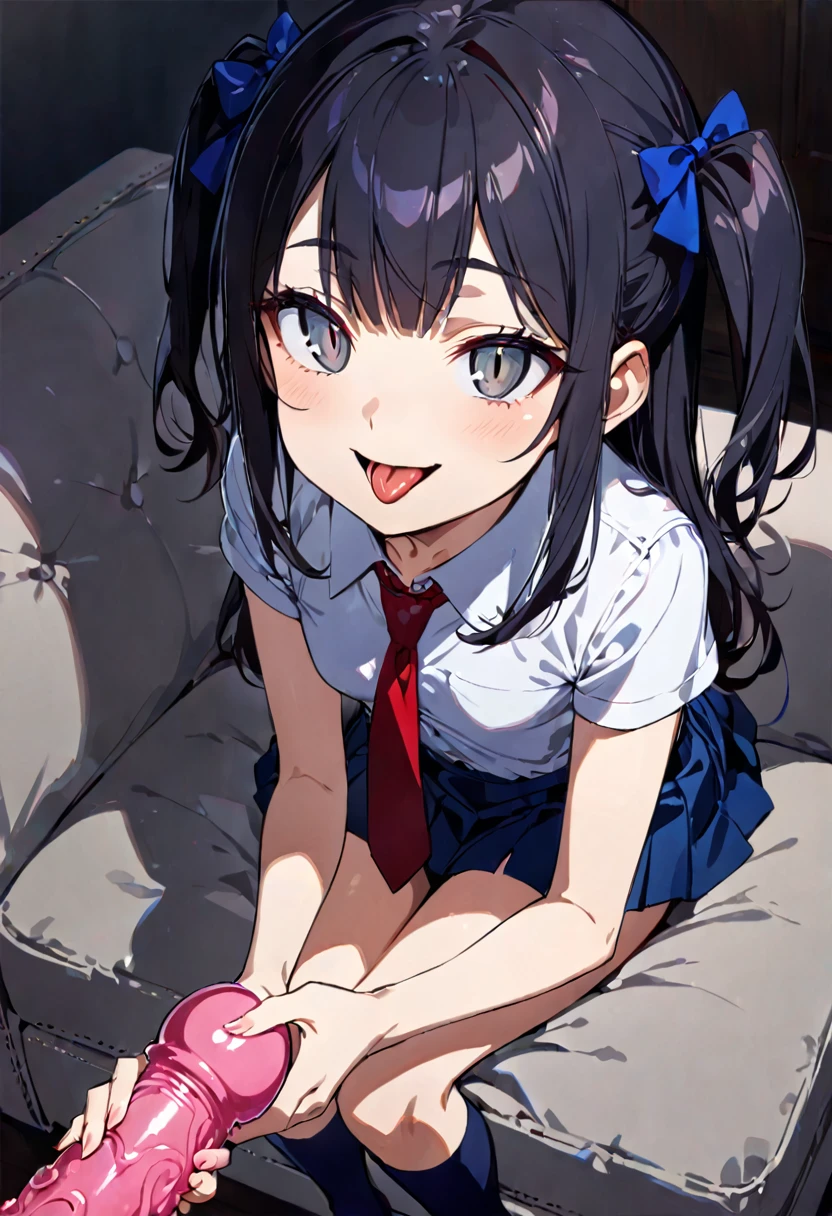 Sit on the sofa,looking ahead,from above,handjob,side view,face focus,open mouth,tongue out,cum on tongue,Licking a dildo,(1girl,Beautiful 14 year old girl),((Slender,Small breasts,Baby Face,Small face,)),looking at viewer,Black Hair,bangs,two side up,Gray Eyes,Drooping eyes,slit pupils,narrow eyes,,Short sleeve shirt,Red tie,Navy blue mini skirt,Navy blue socks,Beautiful and detailed anime art,Mischievous smile,Dimly lit room,Simple Background,Gray background,Low lighting