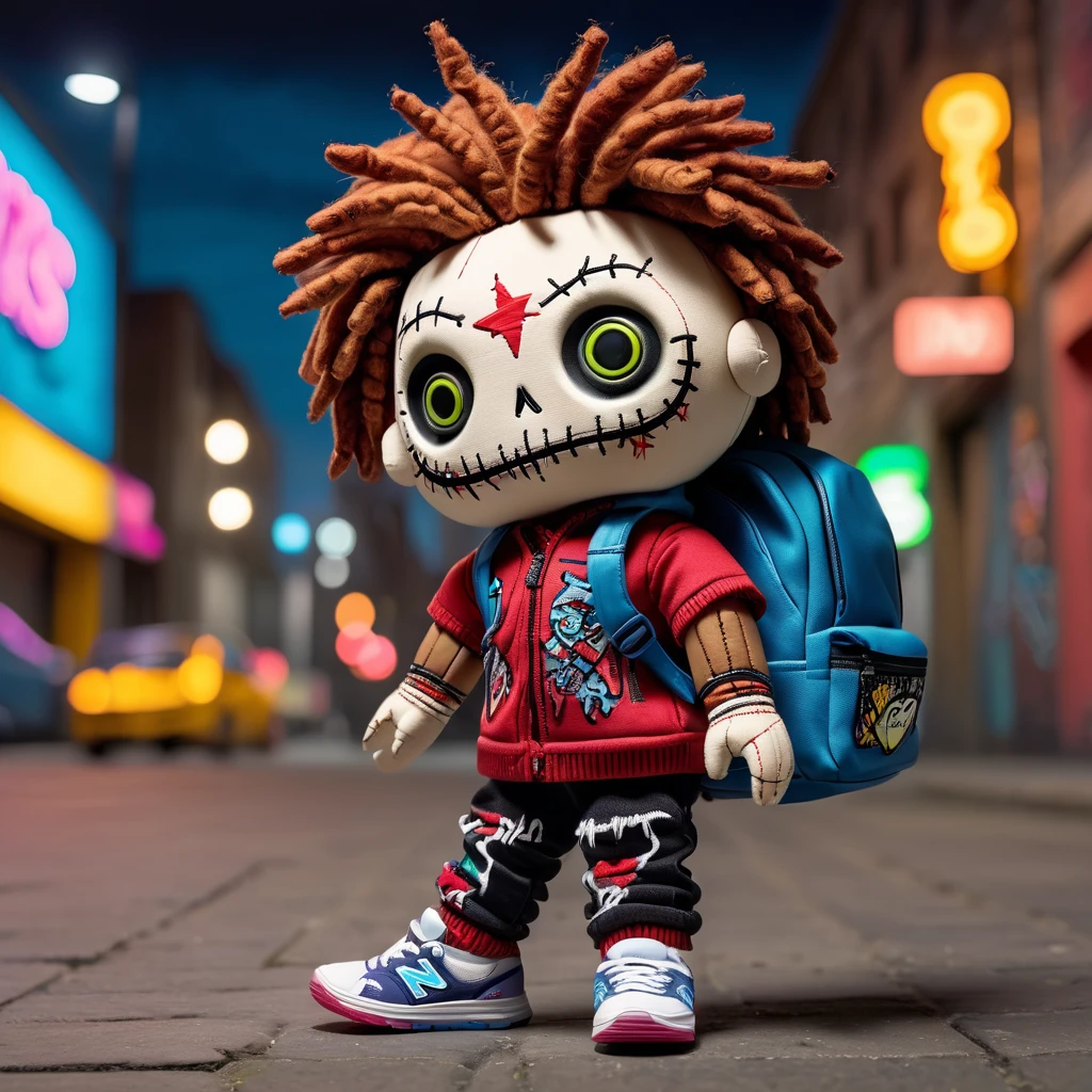 (knitted toy voodoo doll:1.9), (in New Balance sneakers:1.6), (Clothing: casual outfit:1.0), (Accessories: sports details, small backpack:1.1), (background: city street with graffiti and city lights:1.2), best quality, masterpiece, detailed soft oil painting, detailed background, dramatic cinematic lighting, soft edge lighting, professional, dramatic lighting, hard edge lighting, ultra quality, 4k,masterpiece, best quality, 8k, ultra highres, highres, extremely detailed