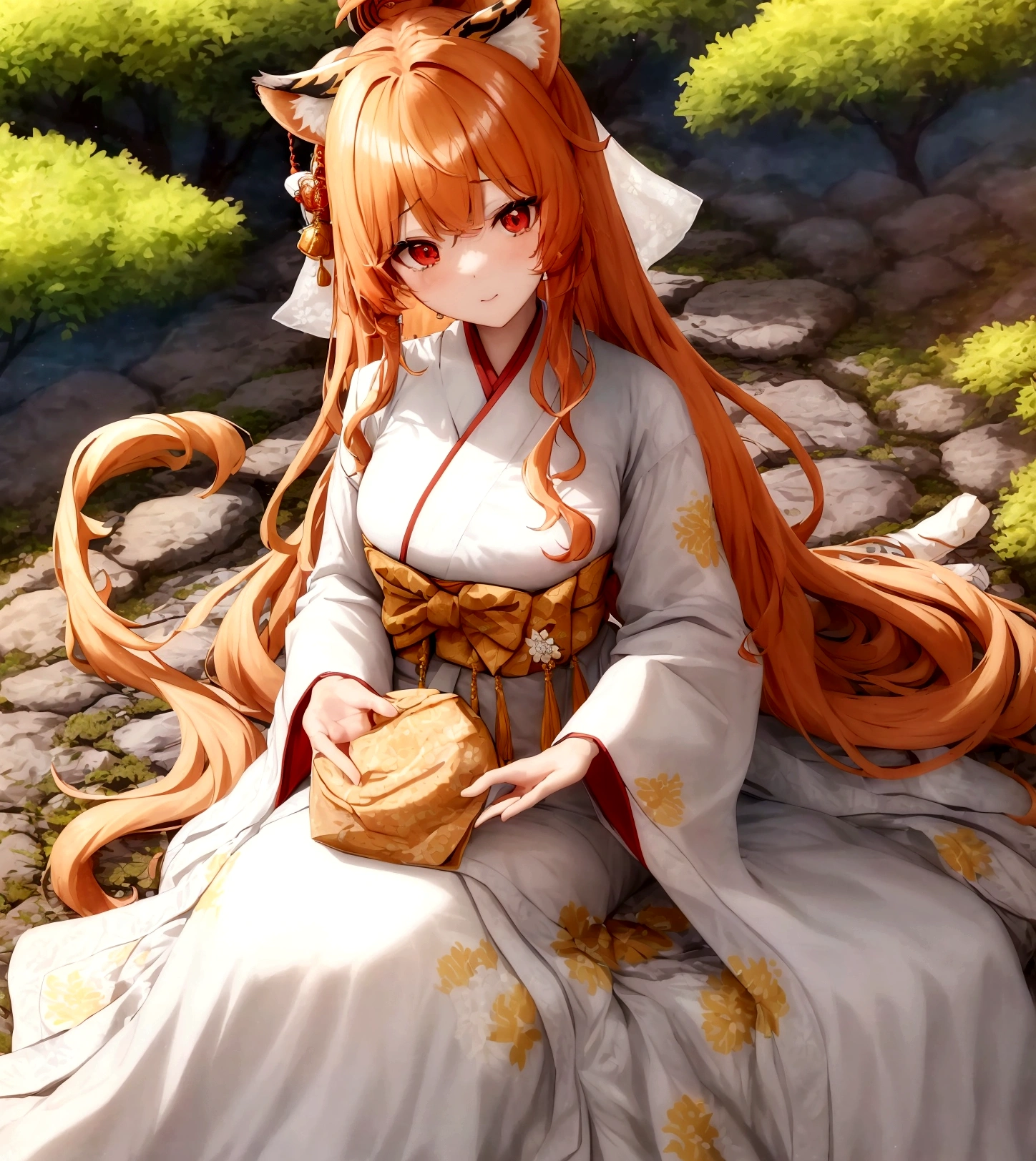 ((최고의 품질)), ((걸작)), (상세한), 여자 1명, Orange color hair , black highlights hair , Long and wavy flowing freely hair ,tiger ears on top of the head , red eyes , Calm and gentle eyes , Fair complexion skin , Traditional Korean hanbok , Cream-colored with intricate patterns and details hanbok , Full skirt typical of a hanbok , Complementary colors and patterns to the top, flowing gracefully hanbok , Forest , Daytime with clear skies , The character is standing gracefully in the forest, blending the traditional elegance of the hanbok with the serene natural surroundings