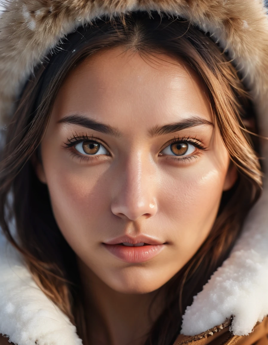 centered portrait photography, dutch angle shot, a stunning american native woman's face with highly detailed, tan, fresh and young face, delicate upturned nose, flesh lips, mesmerizing light brown eyes, golden hour, winter, cold day, snowing, close up, Phantom High Speed camera, urban emotions, uhd image, moody, detailed facial features, realistic_skin, natural_skin, sharp focus, (masterpiece), best quality, --ar 16:9 --style raw --v 5.2