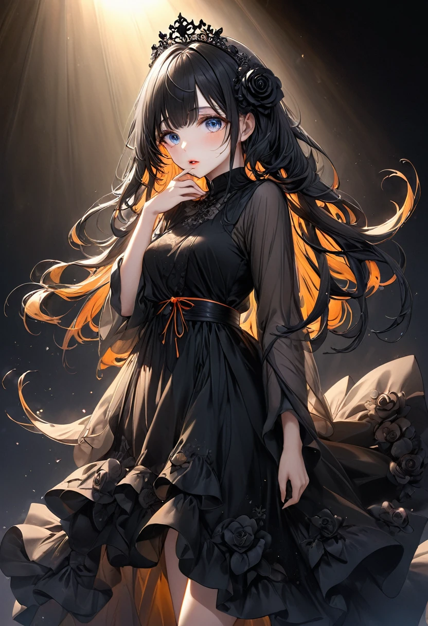 Full Body View, Elevation, Beautiful attention to detail, Beautiful lip detail, Highly detailed eyes and face, Long eyelashes, beautiful and cute young girl, Princess of the Underworld, dark表情, Depressed face, look up, Put your hand over your mouth, White and black gradient hair, Through the bangs, Flowing Hair, Orange decorated with black roses黒人の薄いベール, Orange decorated with black roses、Very beautiful black dress, dark地下世界の背景, (Highest quality,16K,High resolution,masterpiece:1.2),Super detailed,(Ultra-realistic,Photorealistic:1.37),High resolution,超High resolution,Studio Lighting,Ultra-fine painting,Sharp focus,Physically Based Rendering,Very detailed explanation,Professional,Vibrant colors,Japanese anime style,Dramatic lighting,Chiaroscuro,mysterious,melancholy,dark,Surreal,Fantasy