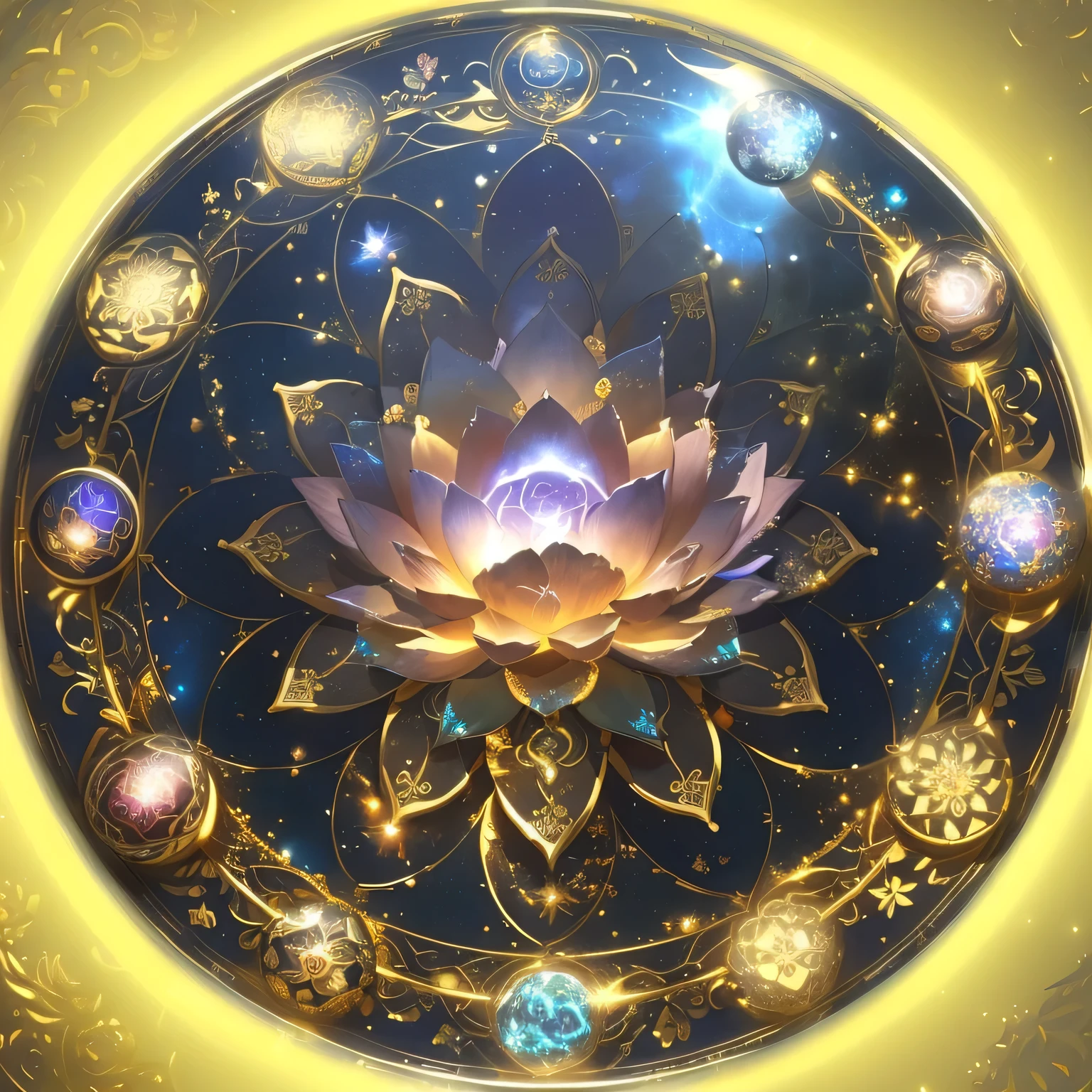 There is a circular pattern,There is a flower on it,It is inlaid with many jewels, 8K HD wallpaper JPEG artifact, 8K HD wallpaper JPEG artifact, Infinite Space Clock Background, ornate gilded cosmic machine, The colorful ultimate moon gate of the universe, ornate galactic gold, Shadowverse Style, floating symbols and crystals, ball of time, Any Chakra, lotus mandala