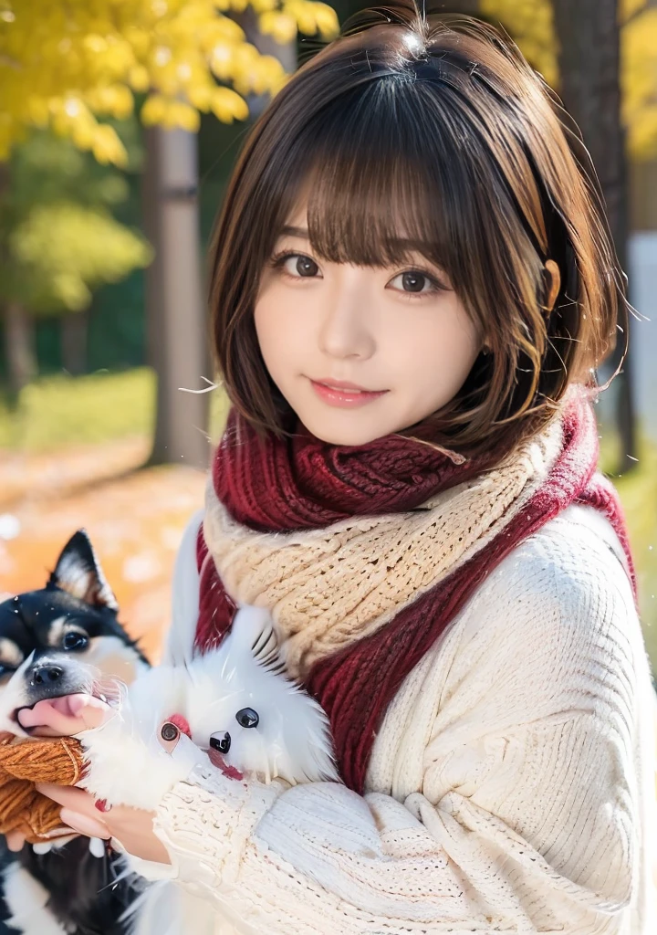 Being with a dog、A girl and a dog warming themselves by a bonfire、Lens flare、Hair blowing in the wind、Medium Short Hair、Fluffy scarf in warm colors、Expressing the whiteness of one's breath、Photo from the waist up、Night city illumination shot、Cowgirl Shot、Fur coat、豪華なグレーのミンクのFur coat、Wear fine leather boots、Luxury Bags、Inner turtleneck、Silver necklace and small silver earrings Millionaire style:1.4))、Full body photo、smile、 Caustics、Highly detailed photos、Very beautiful woman 、Ample breasts、No makeup、(8K、RAW Photos、Highest quality、masterpiece:1.2)、(Realistic、Realistic)、1 Girl、((Medium Short Hair、Midwinter、Cold region Snow falling、The wind is blowing、Fluttering Hair、Blur the background、Colorful illuminations、Looking into the camera:1.4))、