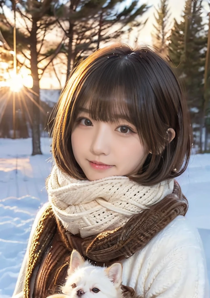 Being with a dog、A girl and a dog warming themselves by a bonfire、Lens flare、Hair blowing in the wind、Medium Short Hair、Fluffy scarf in warm colors、Expressing the whiteness of one's breath、Photo from the waist up、Night city illumination shot、Cowgirl Shot、Fur coat、豪華なグレーのミンクのFur coat、Wear fine leather boots、Luxury Bags、Inner turtleneck、Silver necklace and small silver earrings Millionaire style:1.4))、Full body photo、smile、 Caustics、Highly detailed photos、Very beautiful woman 、Ample breasts、No makeup、(8K、RAW Photos、Highest quality、masterpiece:1.2)、(Realistic、Realistic)、1 Girl、((Medium Short Hair、Midwinter、Cold region Snow falling、The wind is blowing、Fluttering Hair、Blur the background、Colorful illuminations、Looking into the camera:1.4))、